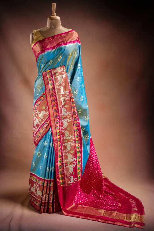 Sky Blue Pochampally Silk Saree with Pink Border