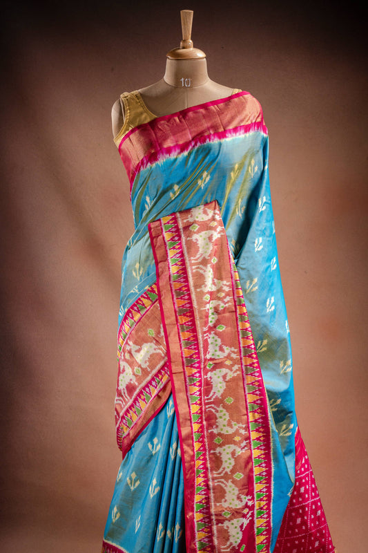 Sky Blue Pochampally Silk Saree with Pink Border