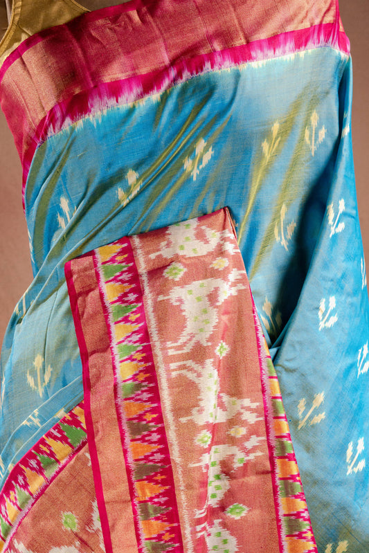 Sky Blue Pochampally Silk Saree with Pink Border