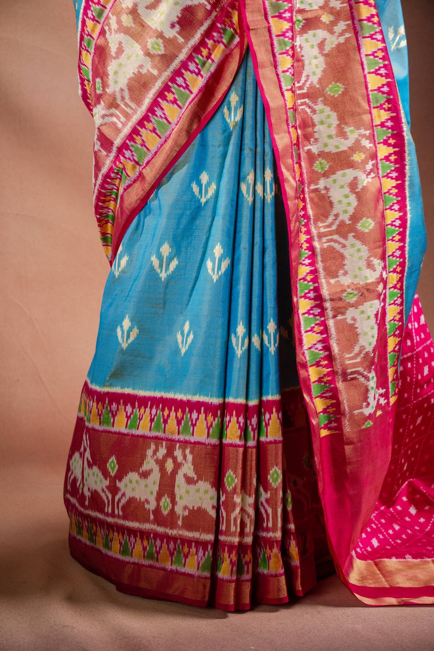Sky Blue Pochampally Silk Saree with Pink Border