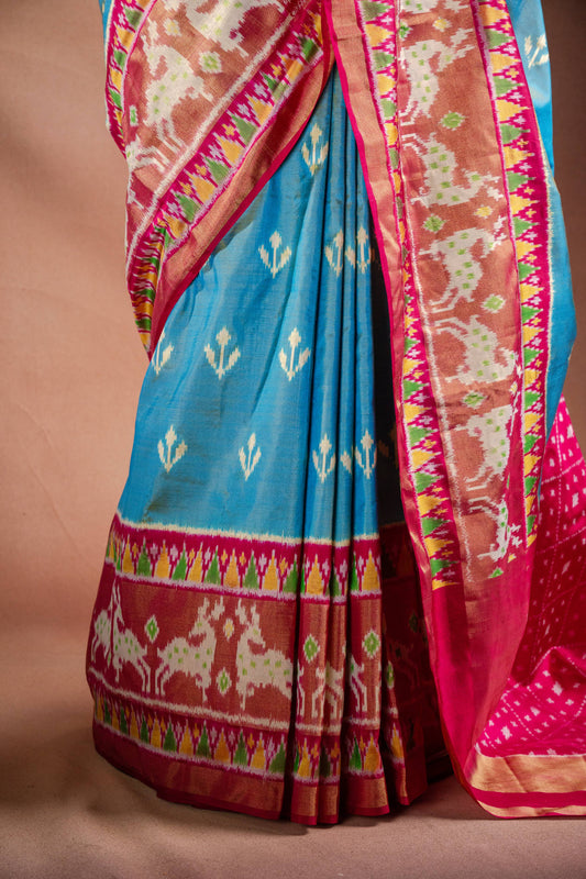 Sky Blue Pochampally Silk Saree with Pink Border