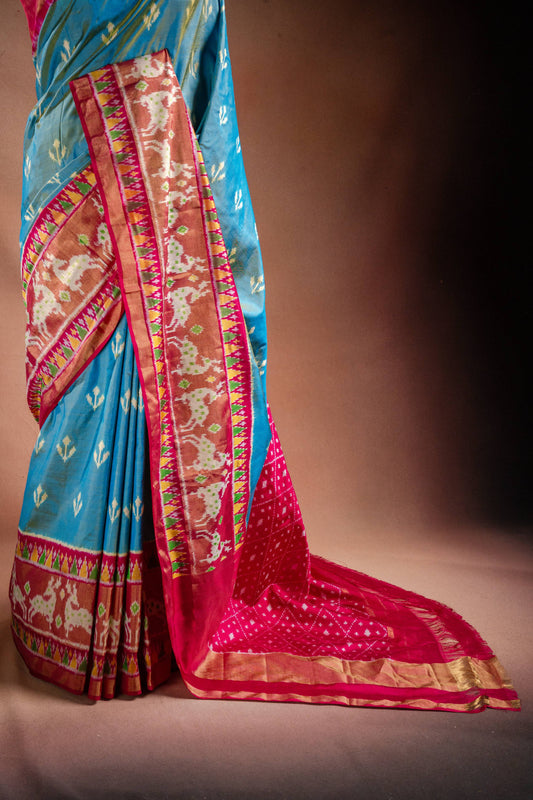 Sky Blue Pochampally Silk Saree with Pink Border