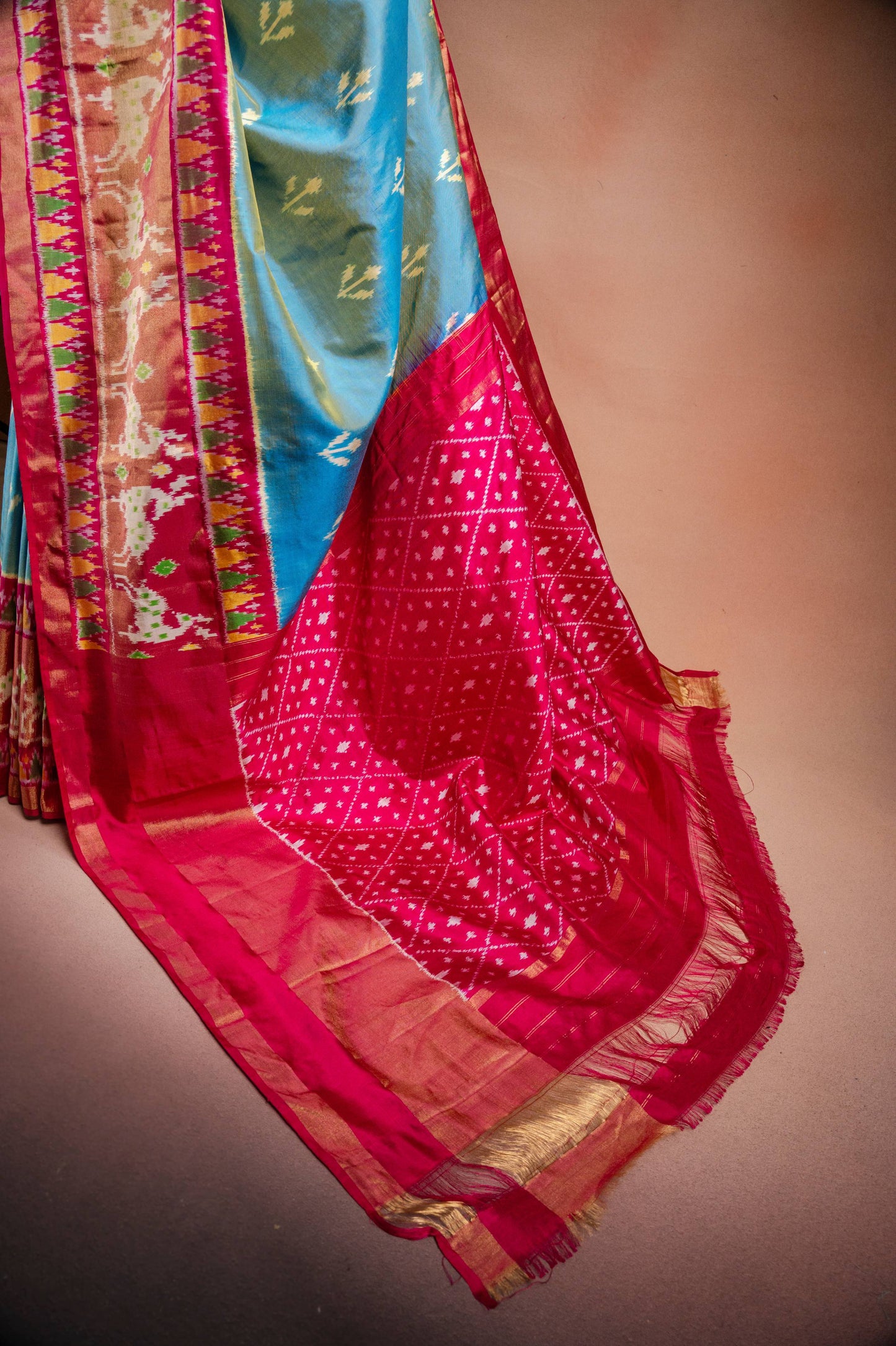 Sky Blue Pochampally Silk Saree with Pink Border