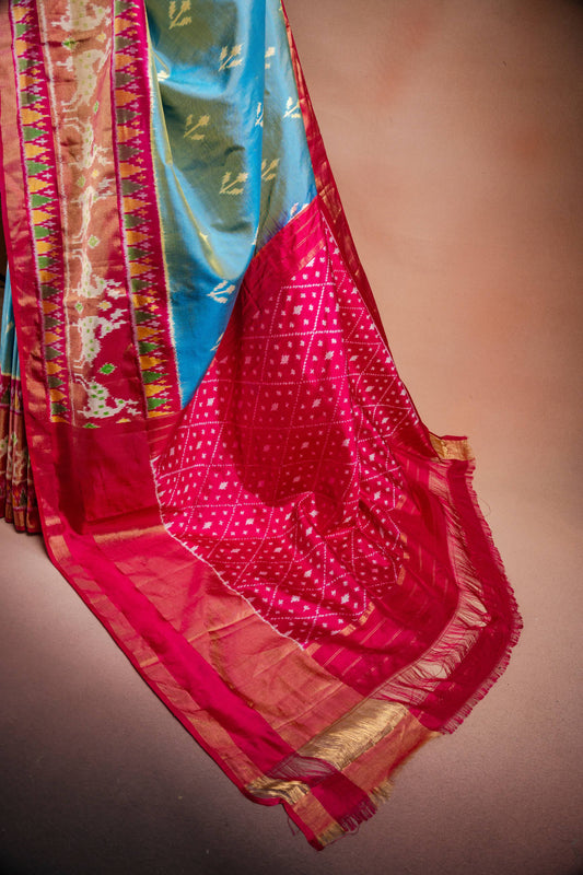 Sky Blue Pochampally Silk Saree with Pink Border