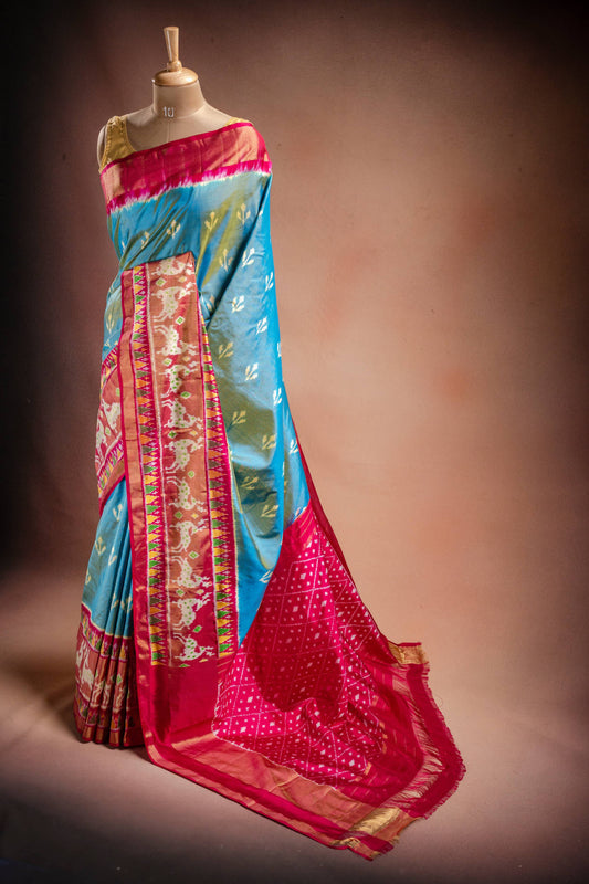 Sky Blue Pochampally Silk Saree with Pink Border