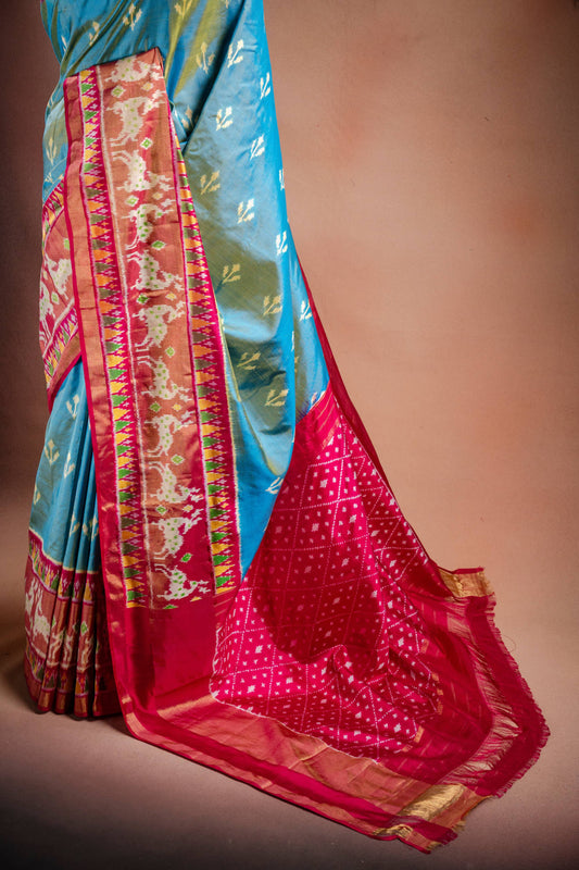 Sky Blue Pochampally Silk Saree with Pink Border