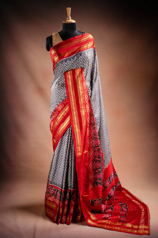 Grey Pochampally Silk Saree with Red Border