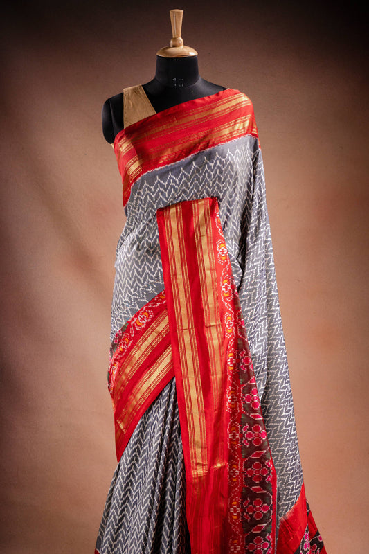 Grey Pochampally Silk Saree with Red Border