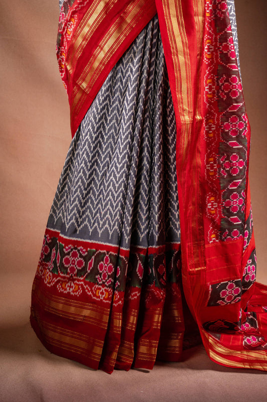 Grey Pochampally Silk Saree with Red Border