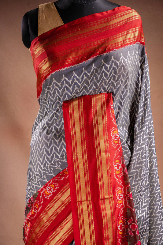 Grey Pochampally Silk Saree with Red Border