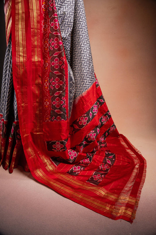 Grey Pochampally Silk Saree with Red Border