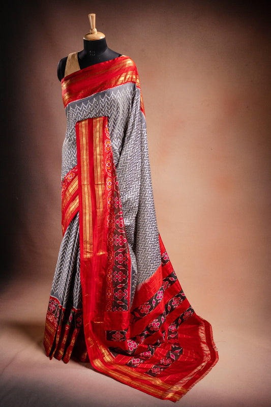 Grey Pochampally Silk Saree with Red Border