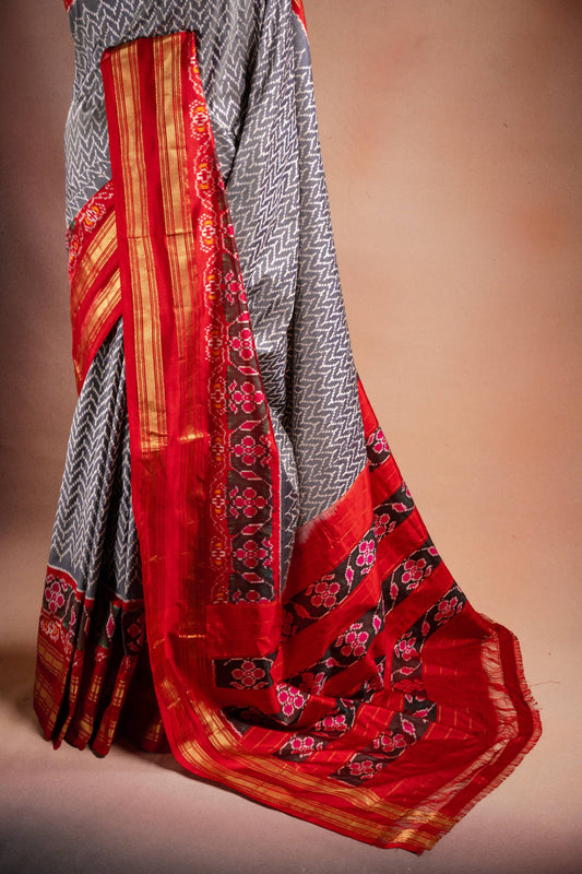 Grey Pochampally Silk Saree with Red Border