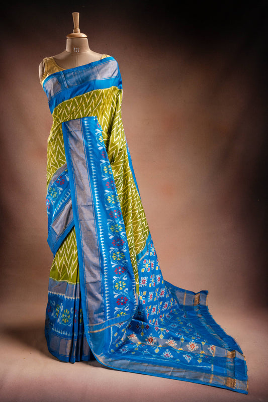 Green Pochampally Silk Saree with Blue Border