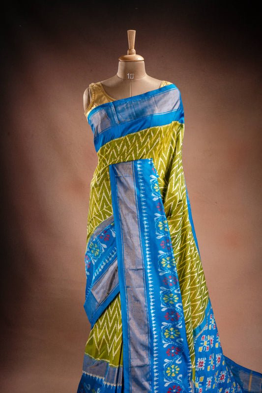 Green Pochampally Silk Saree with Blue Border