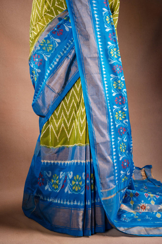 Green Pochampally Silk Saree with Blue Border