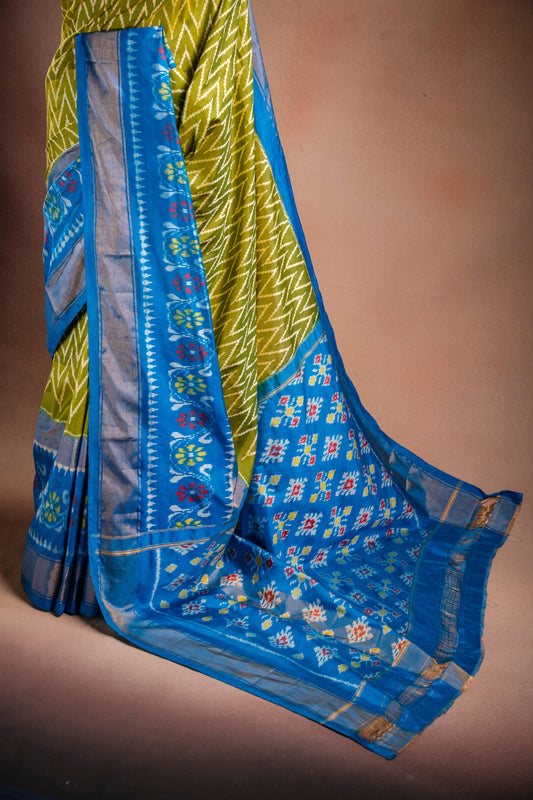 Green Pochampally Silk Saree with Blue Border