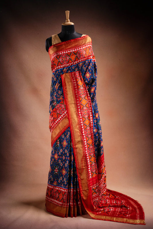 Blue Pochampally Silk Saree with Red Border