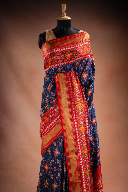 Blue Pochampally Silk Saree with Red Border