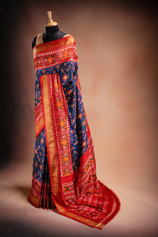Blue Pochampally Silk Saree with Red Border
