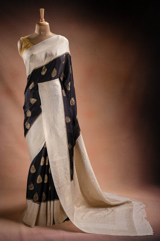 Black and White Crepe Silk Saree with Gold Motifs and Contrast Pallu
