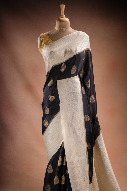 Black and White Crepe Silk Saree with Gold Motifs and Contrast Pallu