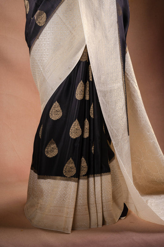 Black and White Crepe Silk Saree with Gold Motifs and Contrast Pallu