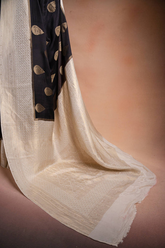 Black and White Crepe Silk Saree with Gold Motifs and Contrast Pallu