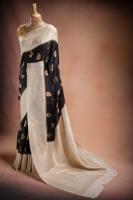 Black and White Crepe Silk Saree with Gold Motifs and Contrast Pallu