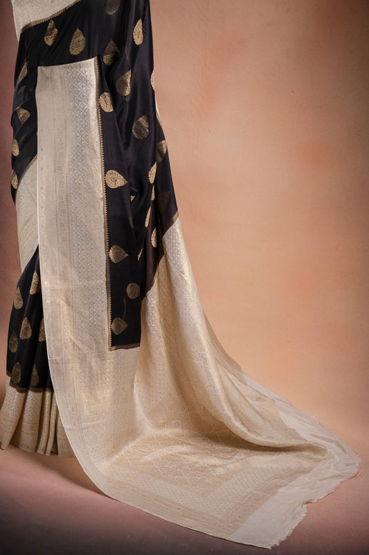 Black and White Crepe Silk Saree with Gold Motifs and Contrast Pallu