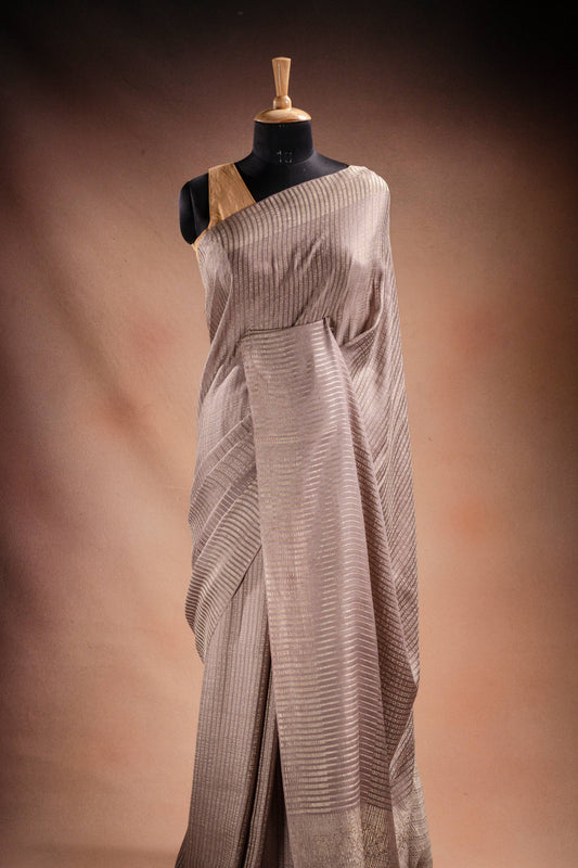 Beige Crepe Silk Saree with Silver Stripes