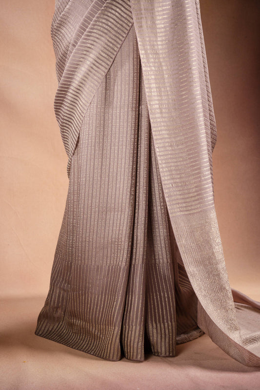 Beige Crepe Silk Saree with Silver Stripes
