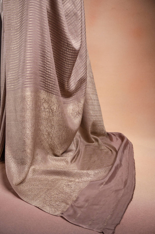 Beige Crepe Silk Saree with Silver Stripes