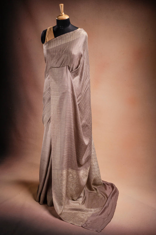 Beige Crepe Silk Saree with Silver Stripes
