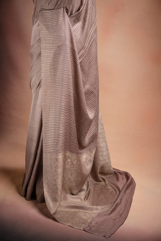 Beige Crepe Silk Saree with Silver Stripes