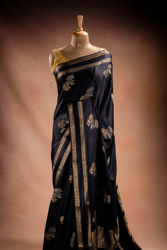 Black Crepe Silk Saree with Double Mispick Zari Roses