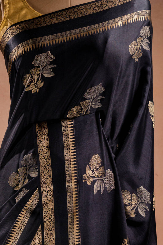 Black Crepe Silk Saree with Double Mispick Zari Roses