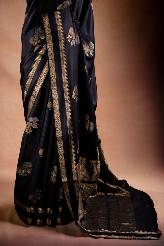 Black Crepe Silk Saree with Double Mispick Zari Roses
