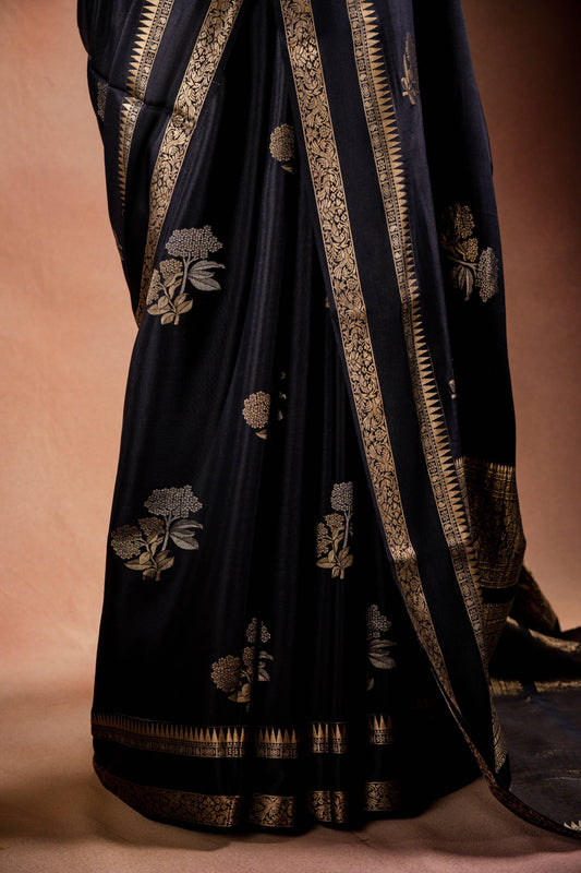 Black Crepe Silk Saree with Double Mispick Zari Roses