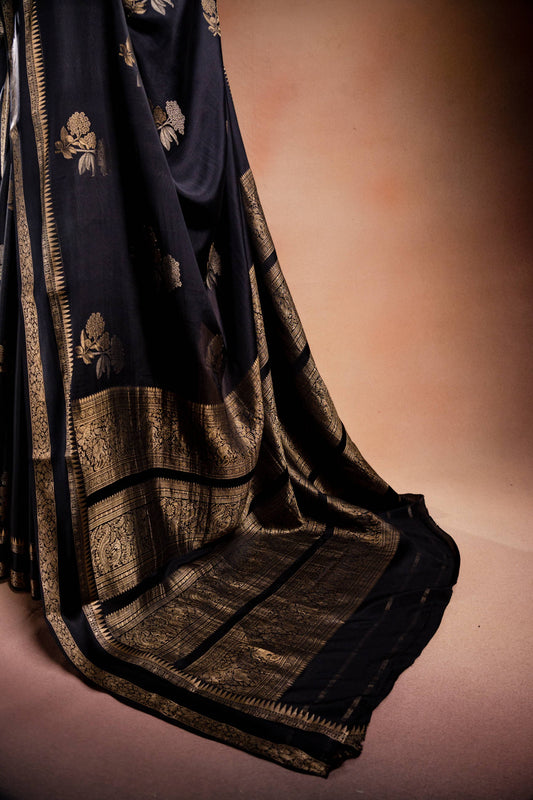 Black Crepe Silk Saree with Double Mispick Zari Roses