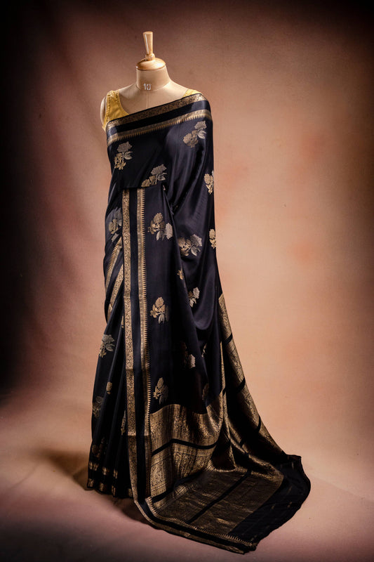 Black Crepe Silk Saree with Double Mispick Zari Roses