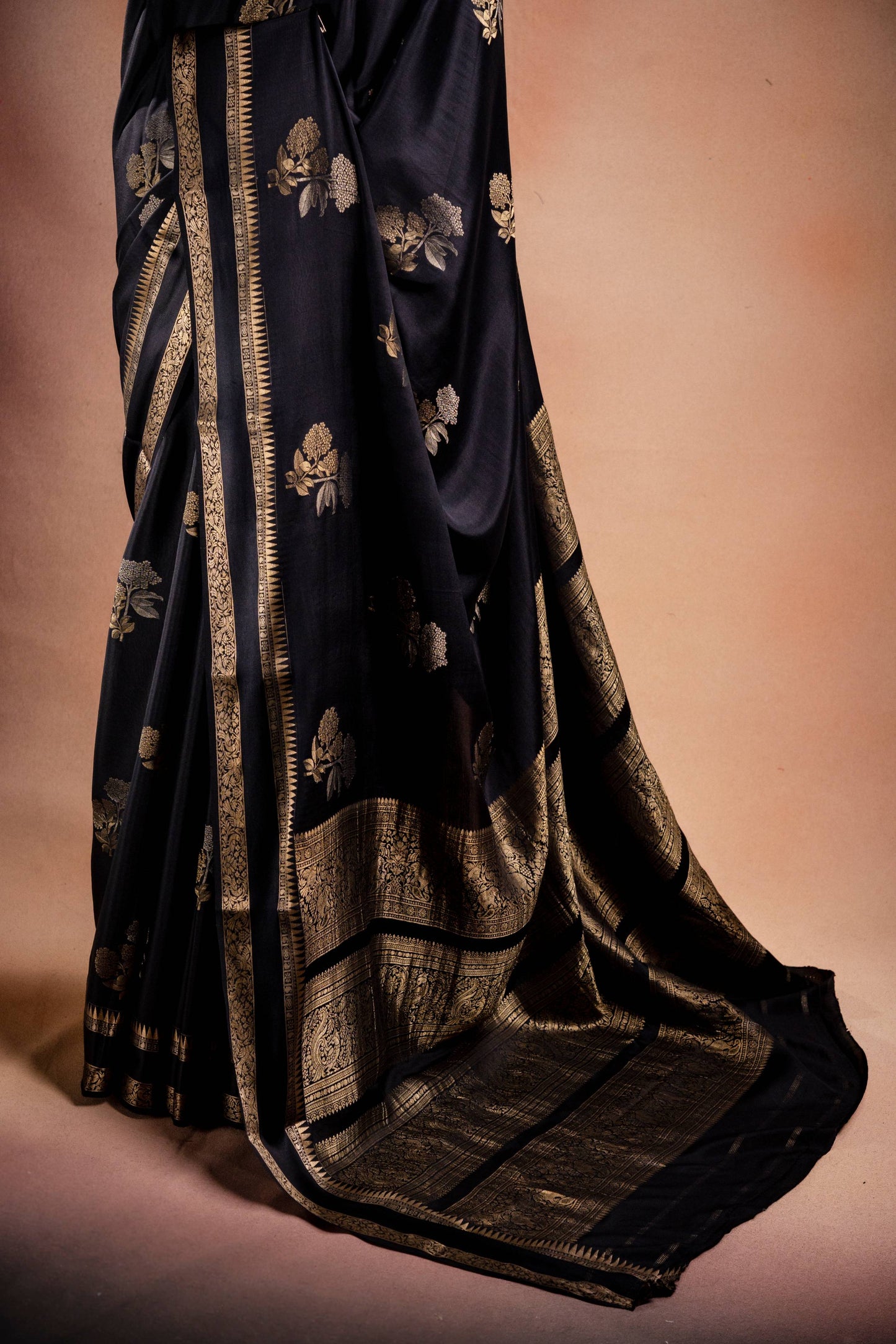 Black Crepe Silk Saree with Double Mispick Zari Roses