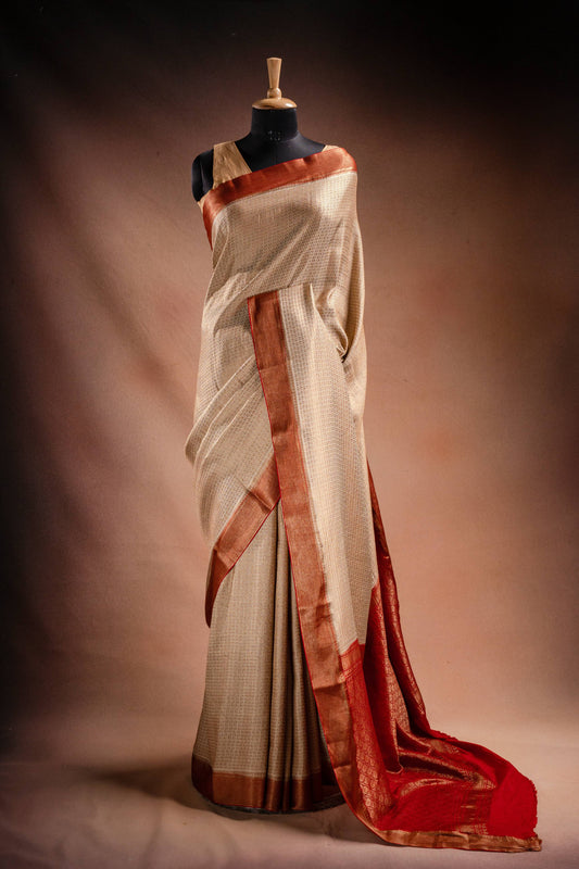Beige Crepe Silk Saree with Red Border and Pallu