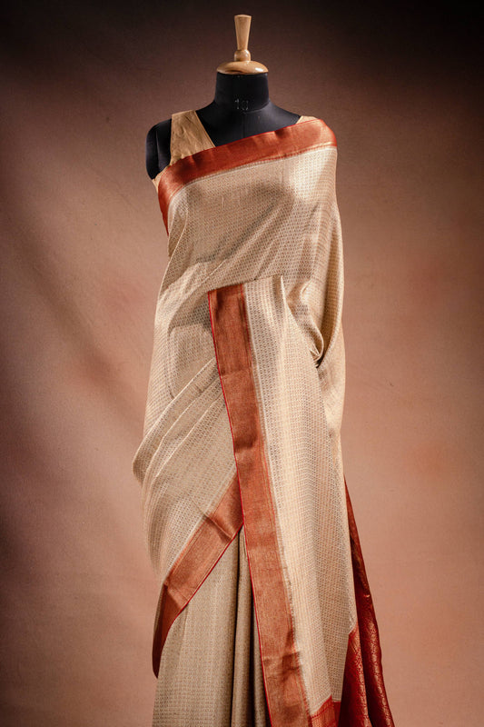 Beige Crepe Silk Saree with Red Border and Pallu
