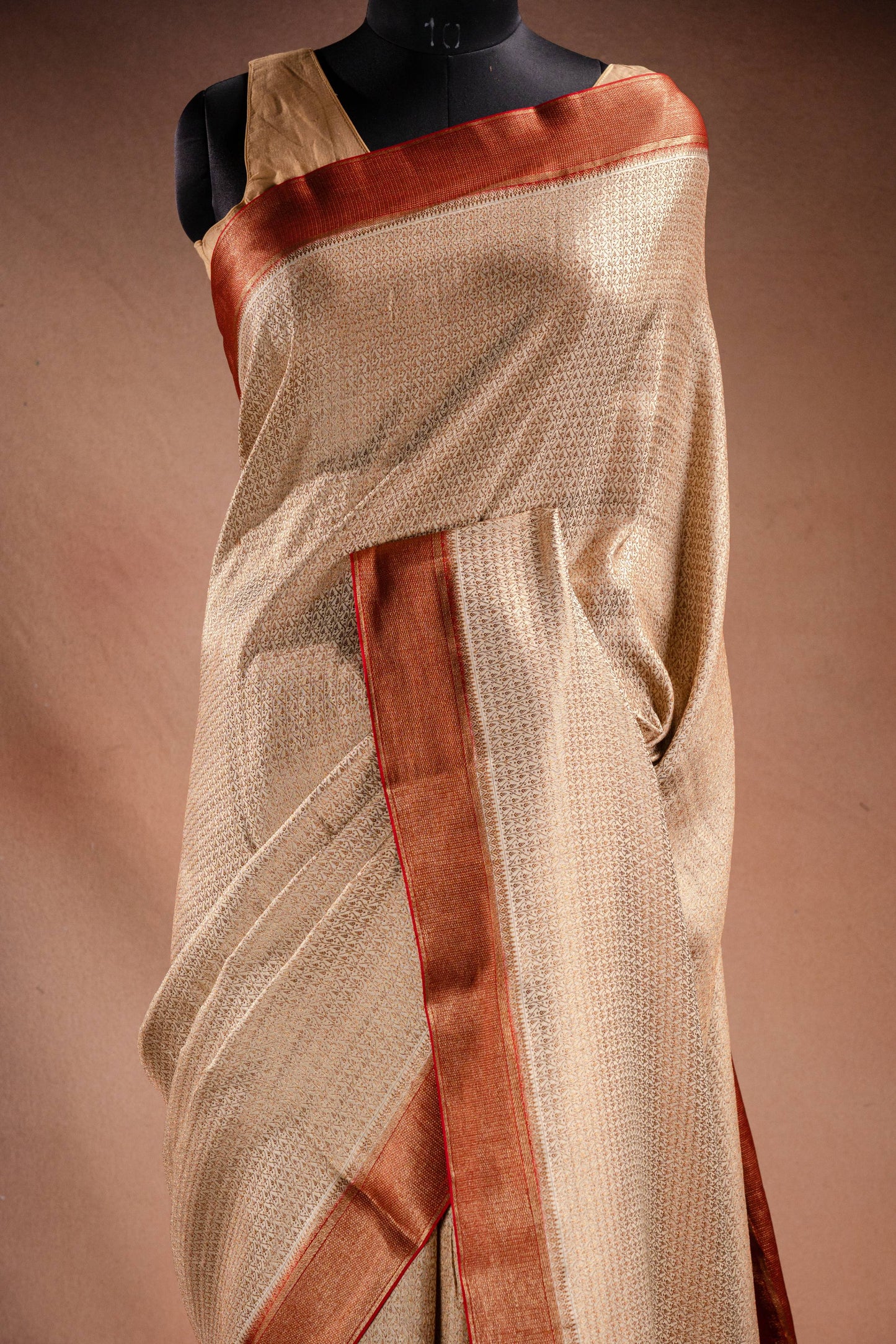 Beige Crepe Silk Saree with Red Border and Pallu