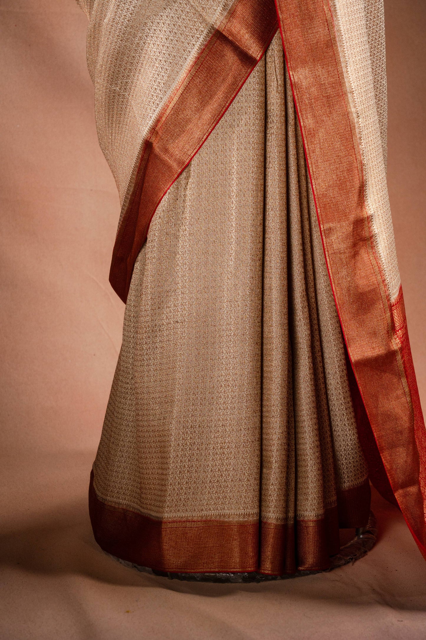 Beige Crepe Silk Saree with Red Border and Pallu