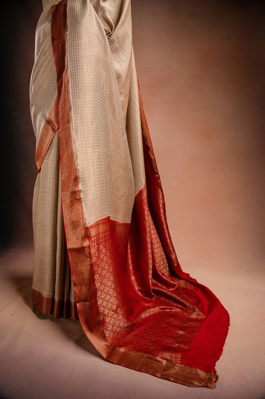 Beige Crepe Silk Saree with Red Border and Pallu