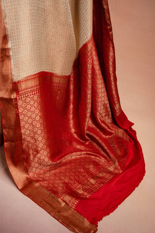 Beige Crepe Silk Saree with Red Border and Pallu