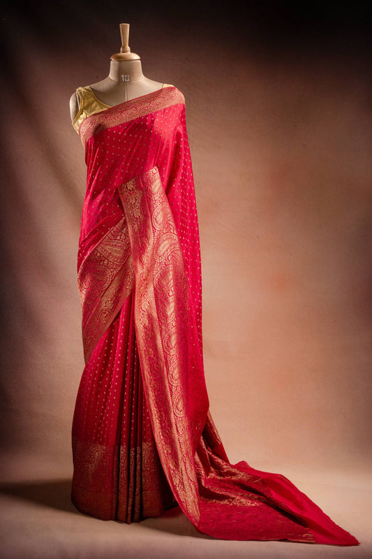 Red Crepe Silk Saree with Paisley Zari Border