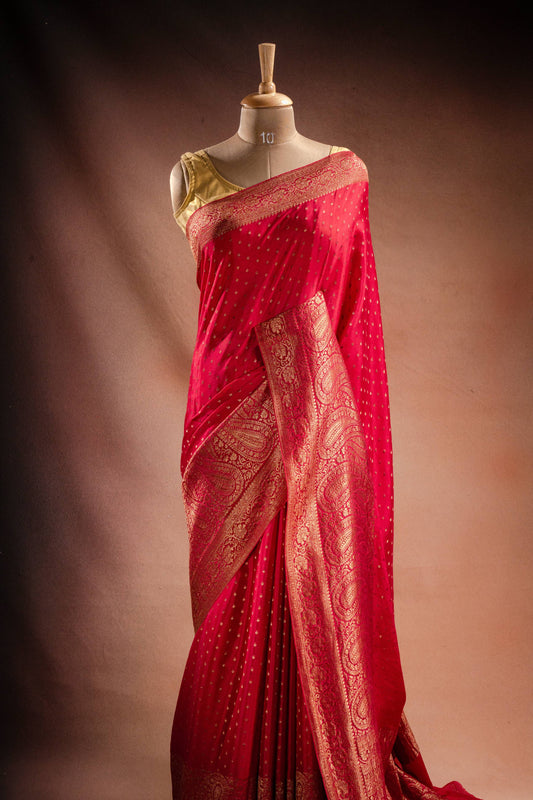 Red Crepe Silk Saree with Paisley Zari Border